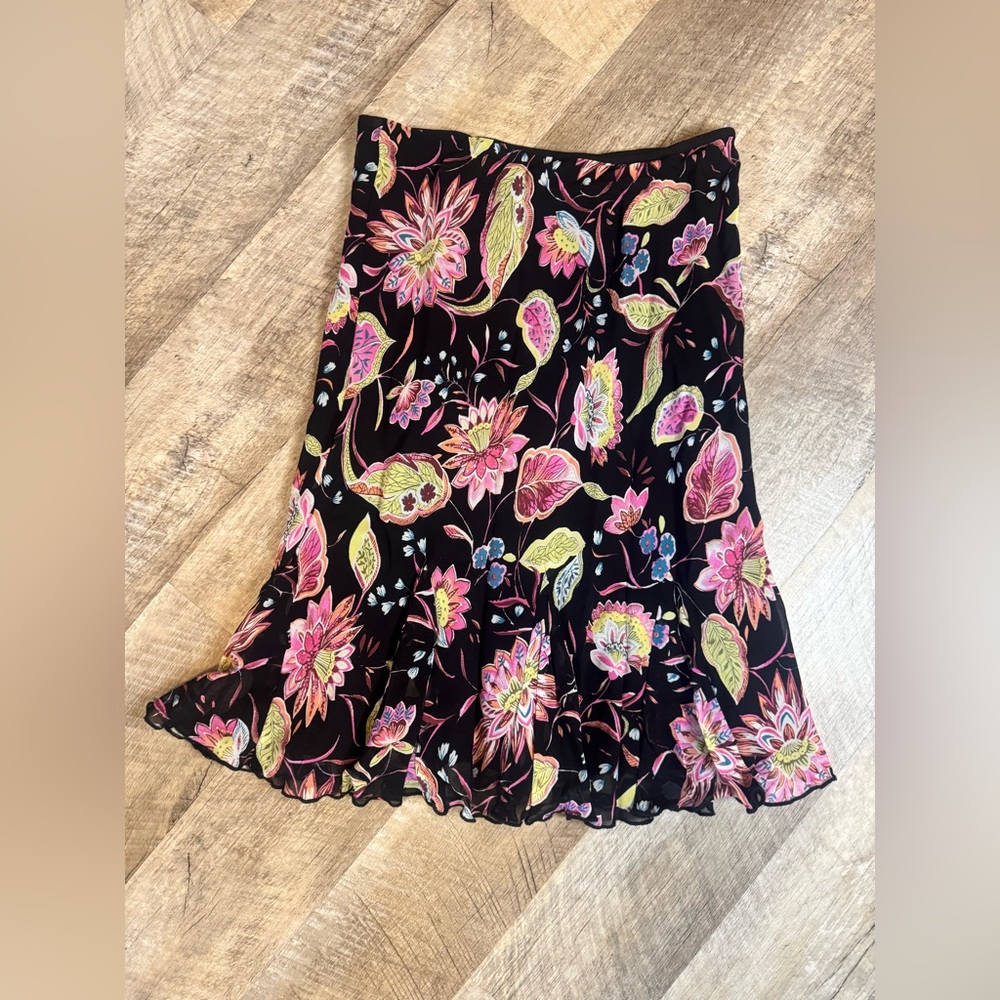 lightweight midi skirt black with pink,yellow,blue florals elastic waist, lined